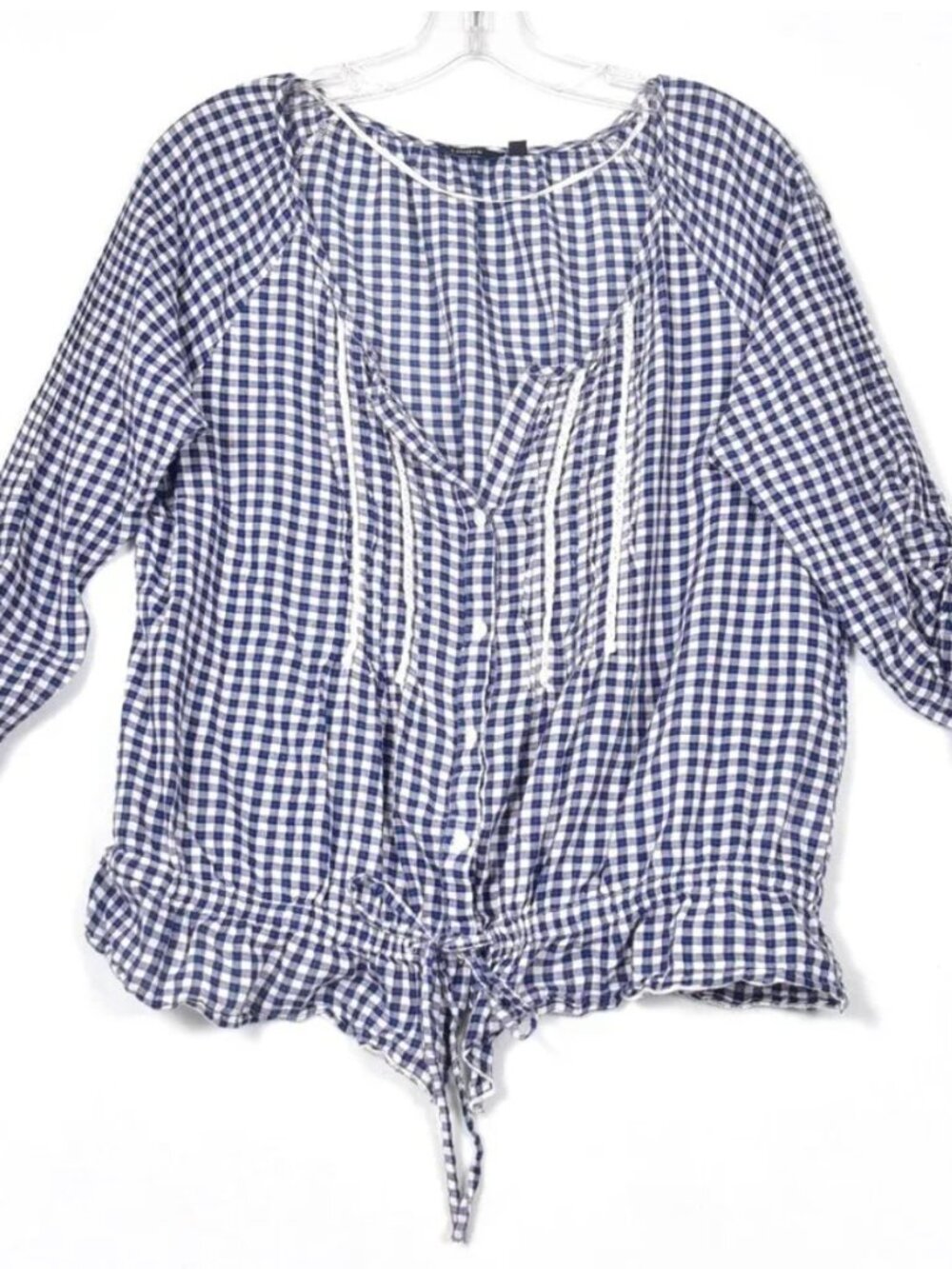 Lindex Women's Blouse Gingham Blue White Roll Tab Sleeve Size 46 US 16